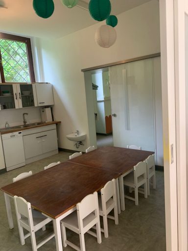 Heller Raum mit Holztisch und weißen Stühlen, Küche im Hintergrund, grüne Dekoration.